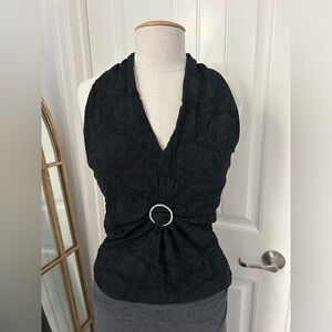 Vintage Y2K K2C black Halter top with Jacquard Floral pattern Made in USA size M